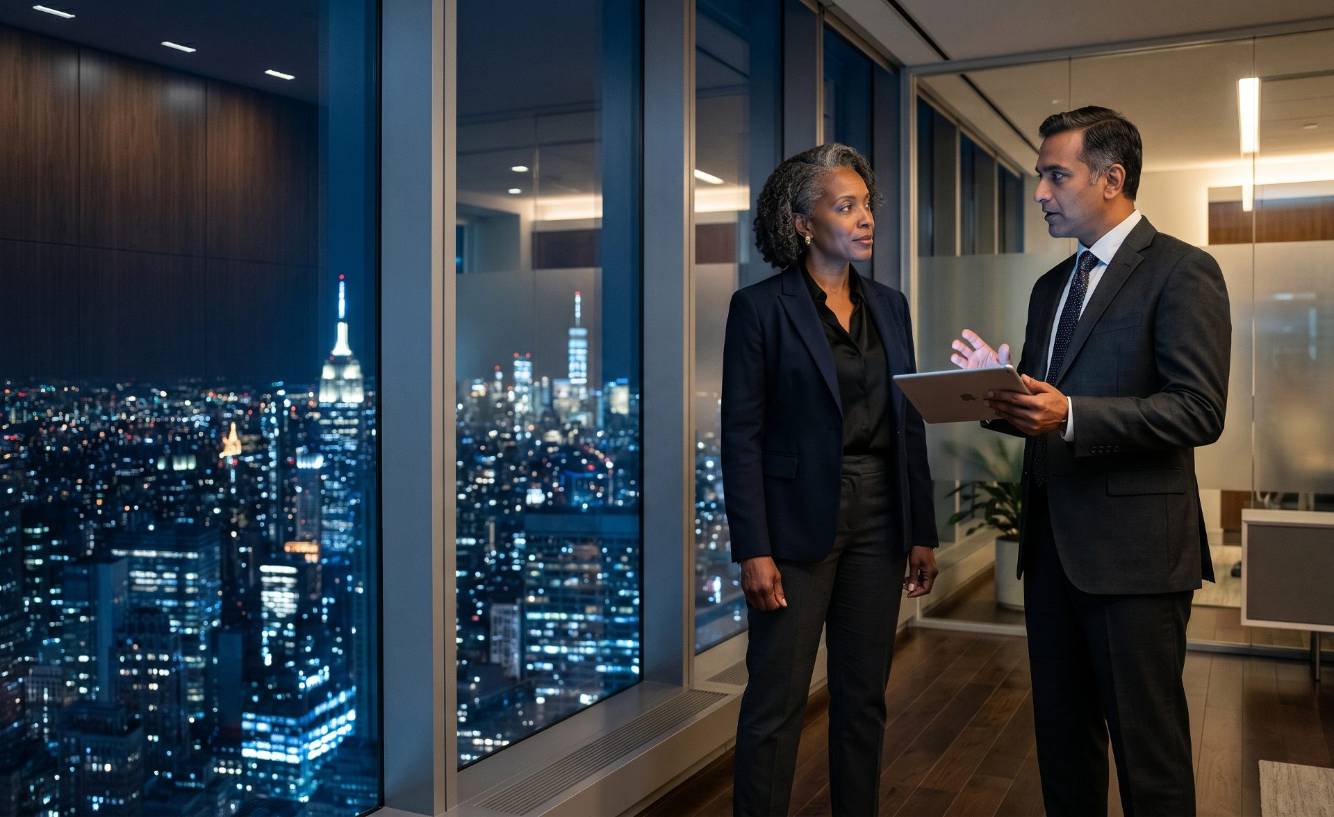 Two security executives reviewing intelligence on a tablet at a floor-to-ceiling window overlooking the city at night