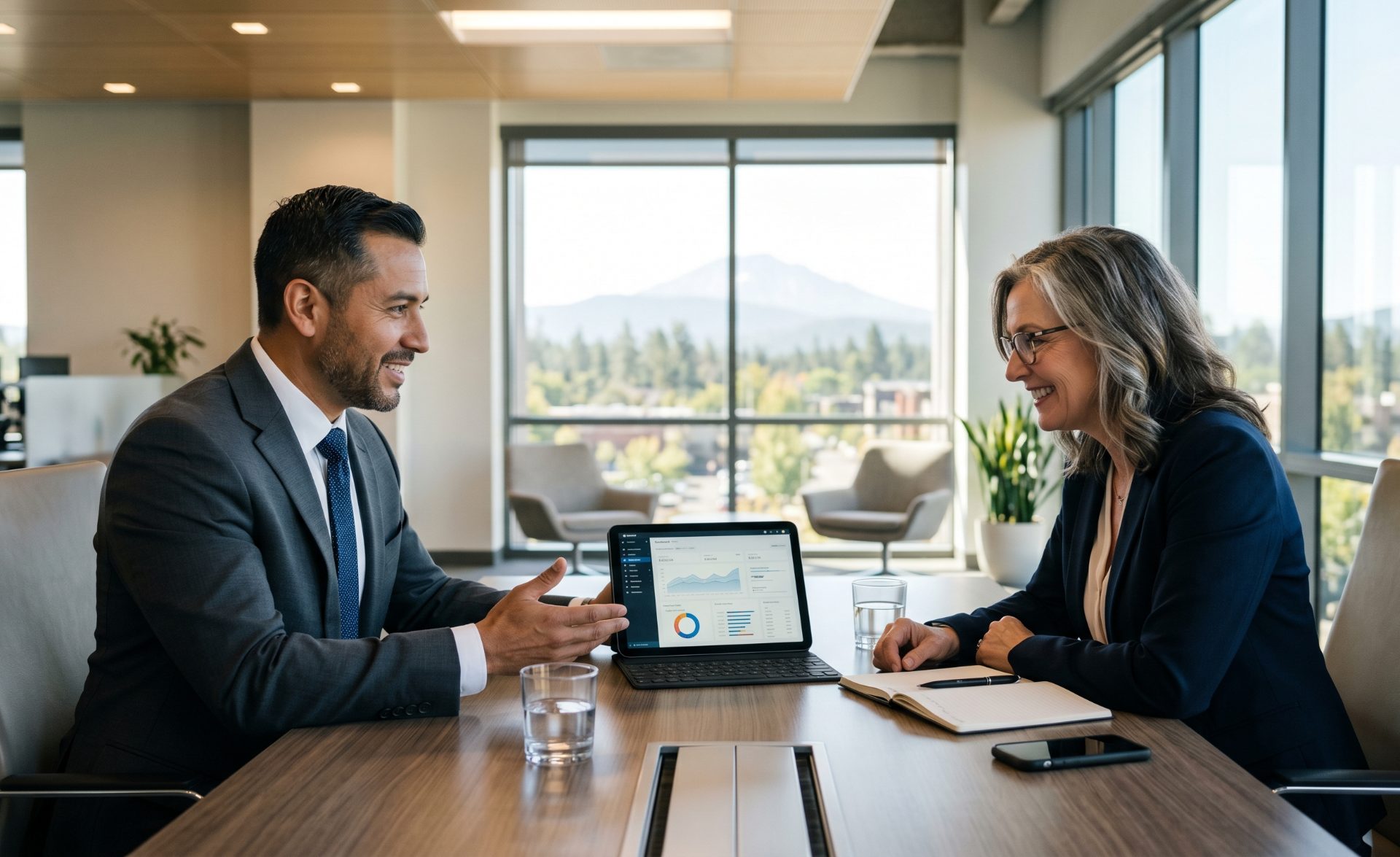 Two executives reviewing a security dashboard on a tablet in a boardroom with a mountain view