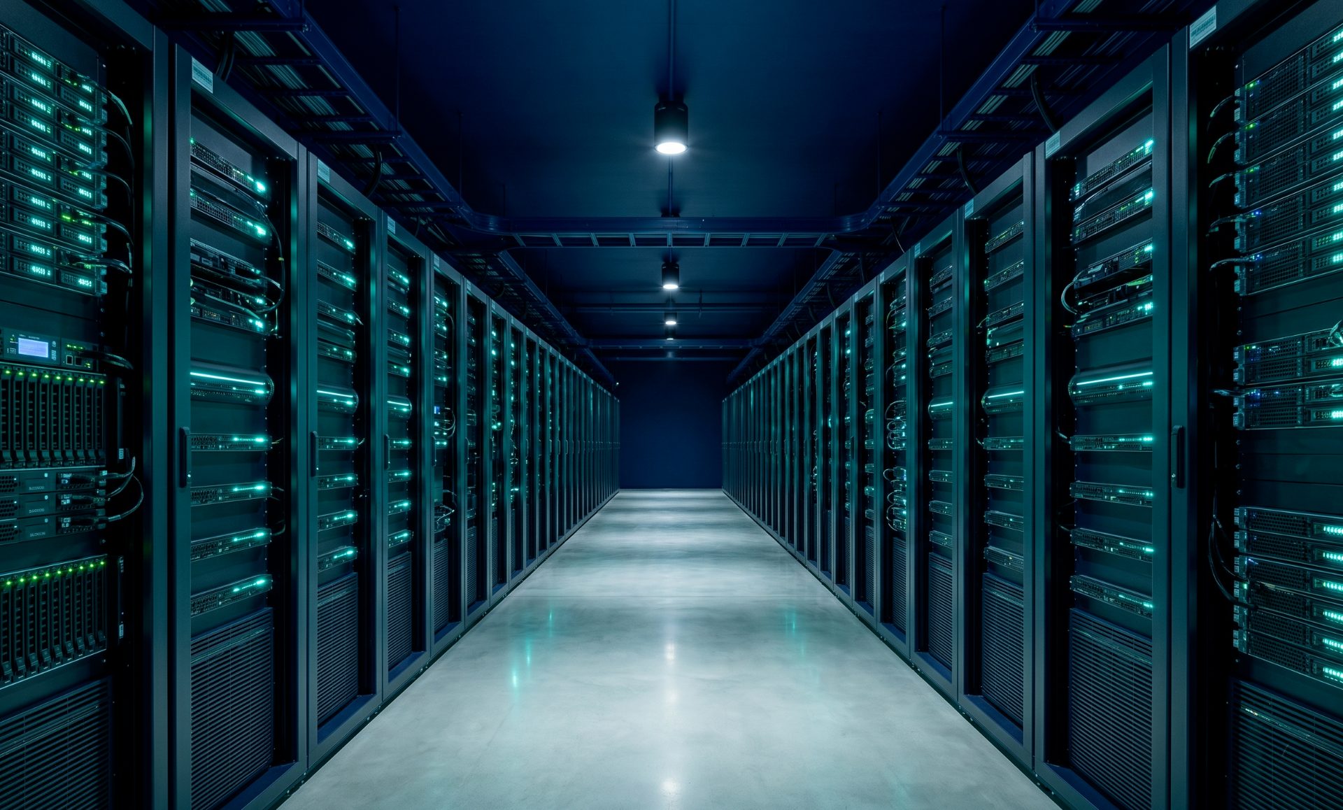 Data center aisle at night with teal LED-lit server racks