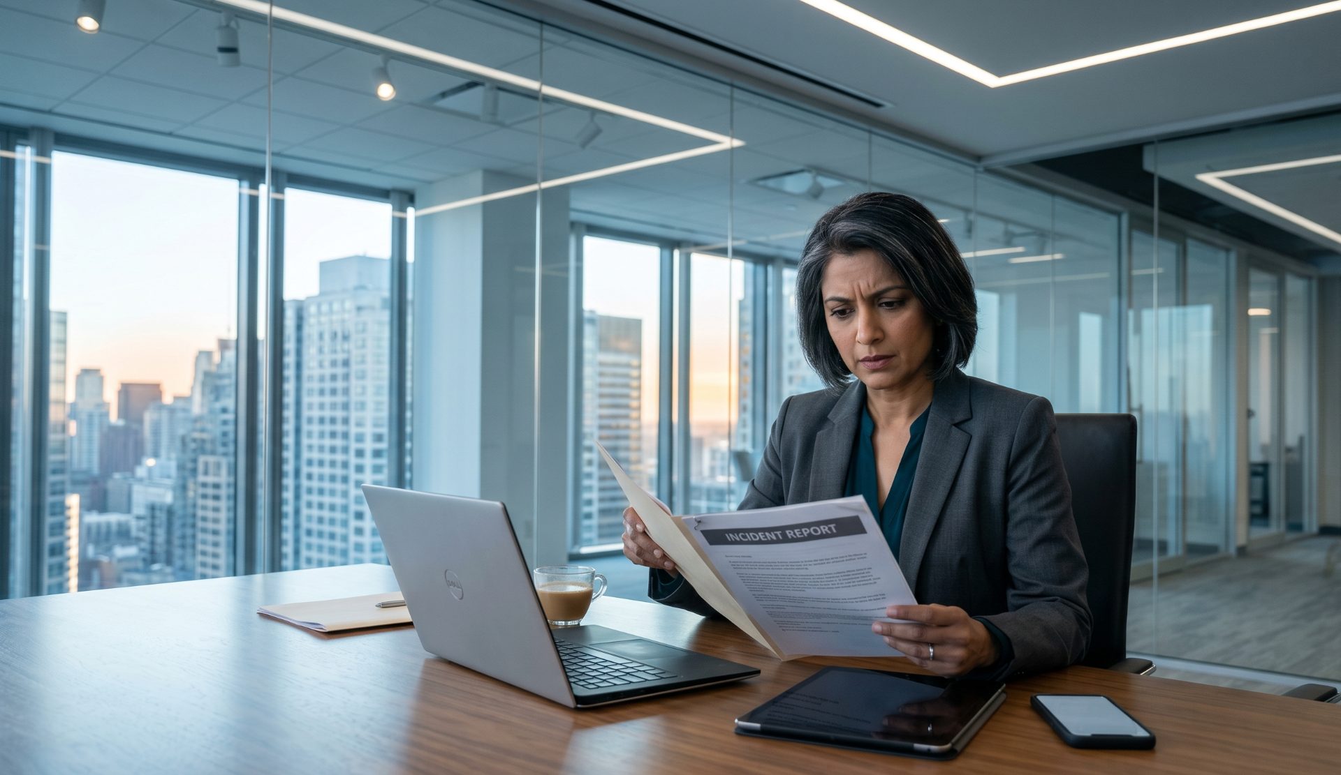 Enterprise security director reviewing a printed incident report at a conference table