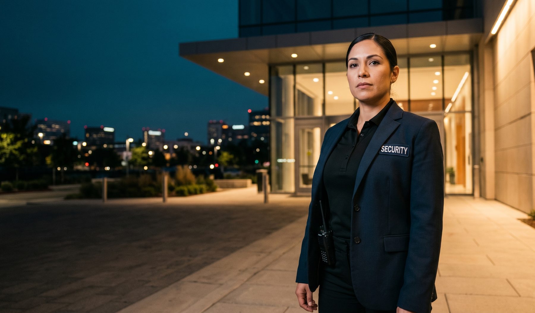 Security officer on post at a corporate building entrance at night