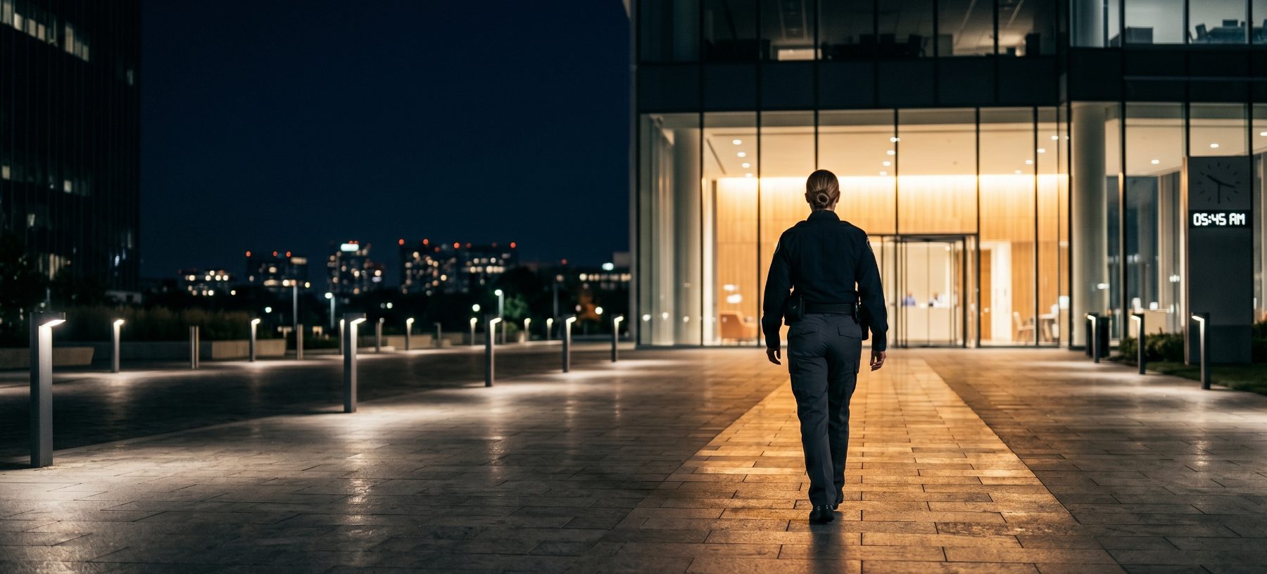 Security officer walking toward a lit corporate building entrance before dawn