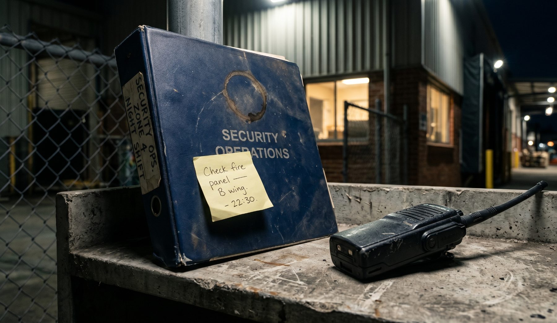 Worn 'Security Operations' binder with a sticky note and a two-way radio on a concrete ledge at night