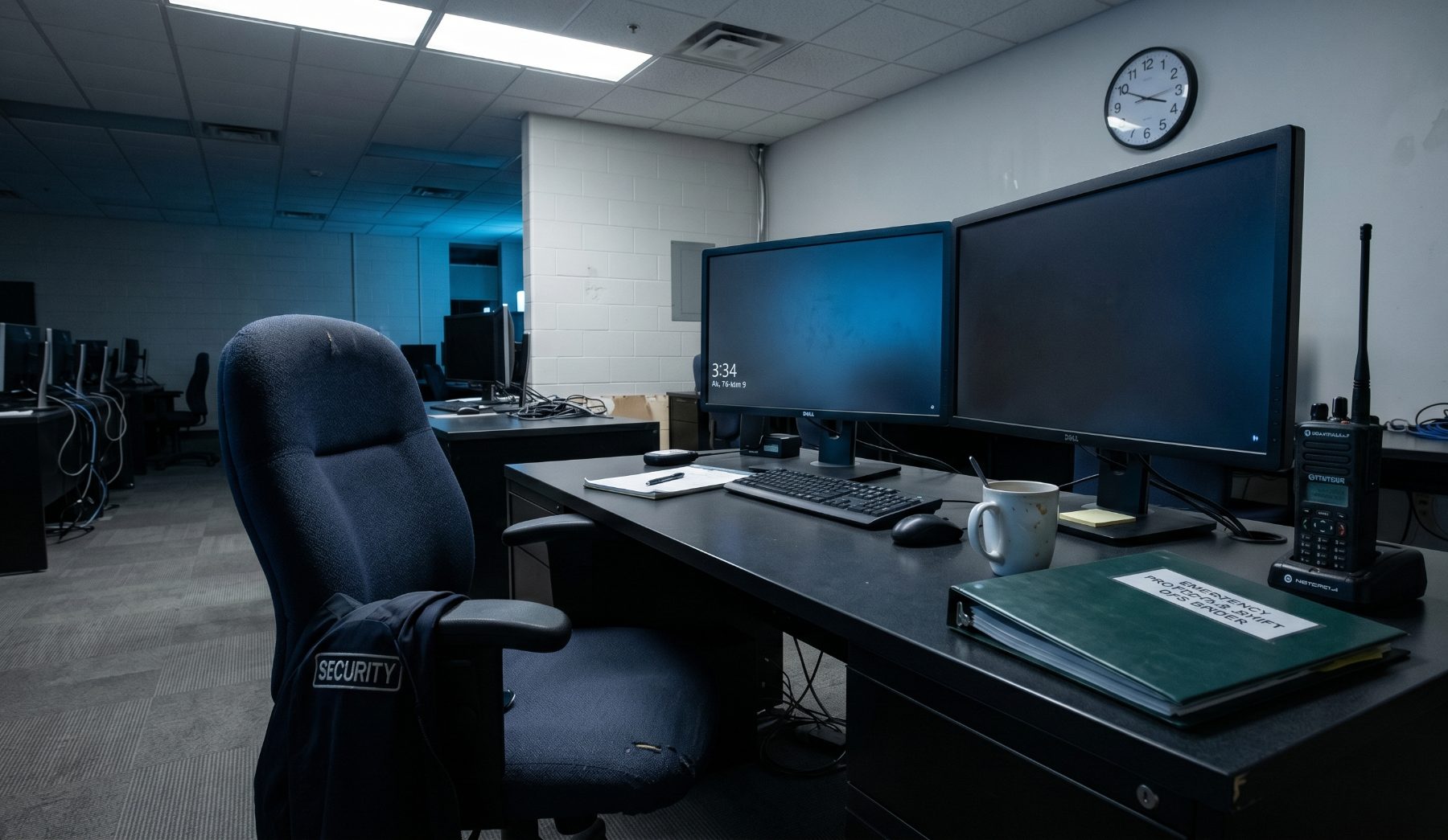 Empty security supervisor station at night — dark monitors reading 3:34, an empty chair with a SECURITY jacket draped over it