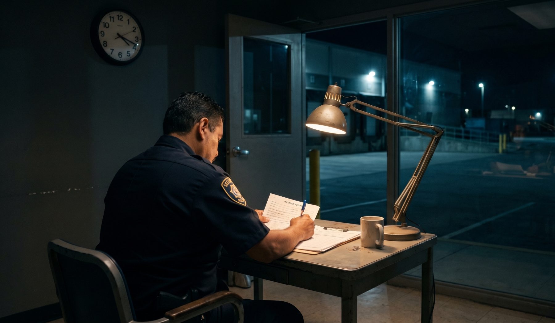Security officer writing an incident report by lamplight at a desk late at night